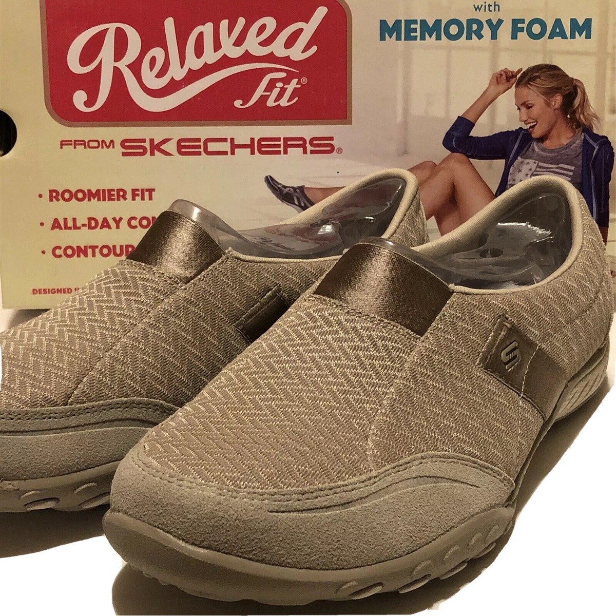 10M Skechers Memory Foam Slip On Taupe Women Shoes Relax Breathe