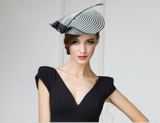 Classic Black  White Stripe Wedding Hat Vintage Cocktail Bridal Head Fascinator