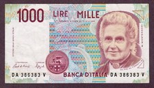 Italy 1000 Lire Banknote 1990 Condition III VF BB S/N DA386383V P. 114a Bi58A