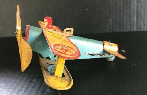 Very Rare Early 1930'S Louis Marx & Co. Wind-up Biplane Plane New York