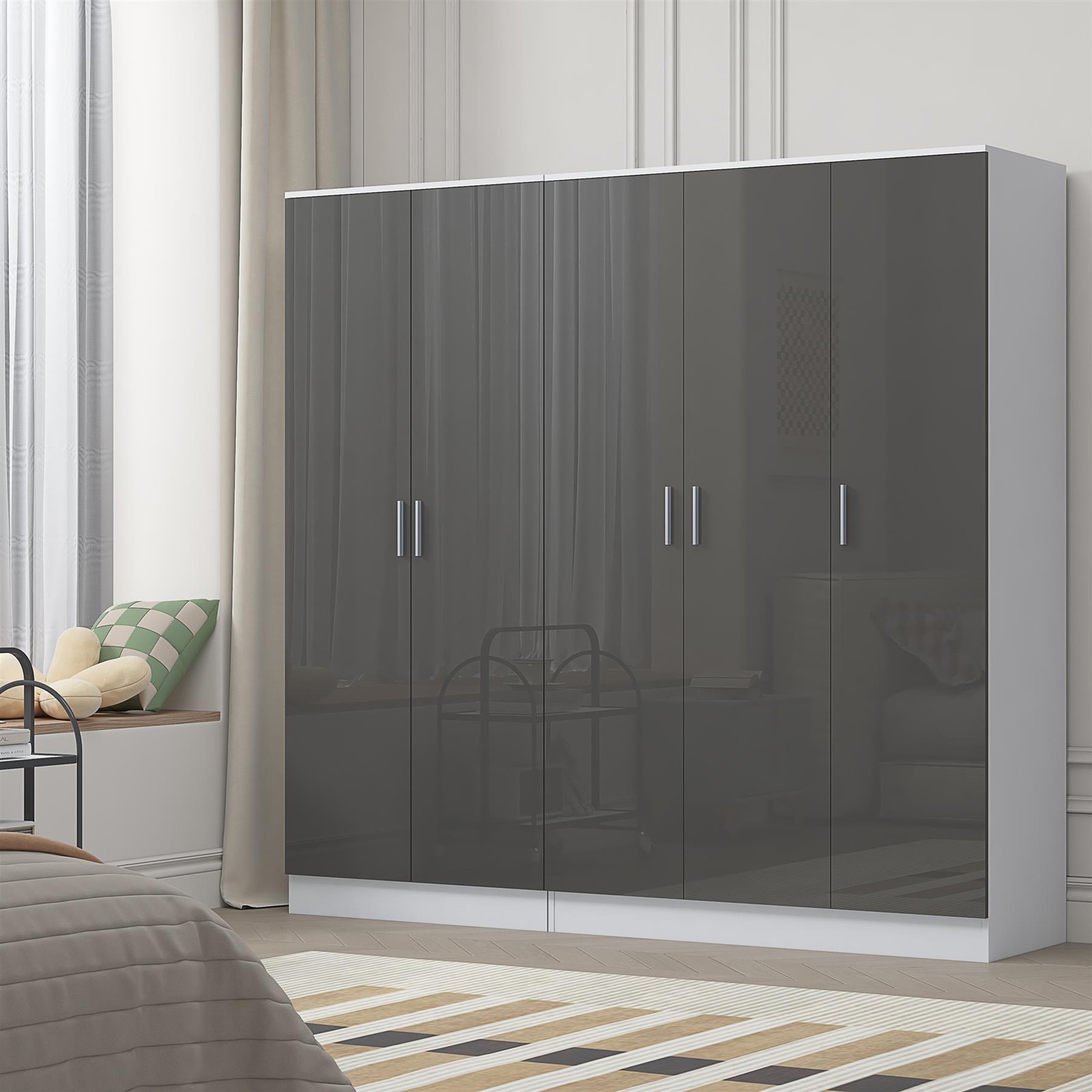 REFLECT Black Gloss Wardrobe Bundle - 3dr Plain + 2 Door Plain - Grey / White