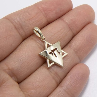Pendant 10K Yellow Gold Shiny Star of David with Chai 1 1/4''