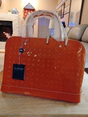 Arcadia Genuine Orange Leather Dome Zip Satchel Bag XL Top Handle Made In Italy 