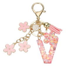 Alphabet V Tassel Cherry Blossom Initial Letter Keychain Pink, Pack of 1 