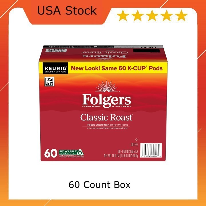 Folgers Classic Roast, Medium Roast Coffee, Keurig K Cup Pods, 60 Count Box