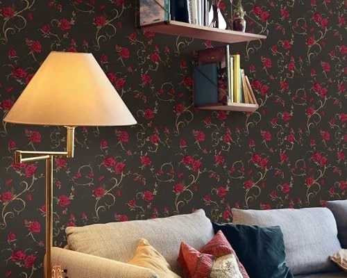 Papel Pintado Gótico Pelar y Pegar - Diseño Floral Rosa Roja, 16"x128", Decoración del Hogar Foto 3 de 4