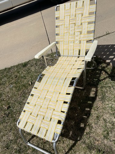 Vintage Aluminum Folding Webbed Chaise Lawn Lounge Pool Beach Chair Woven Yellow