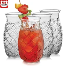 Tiki Pineapple Glasses Set of 4 Tropical Cocktail Drinkware Dishwasher Safe New