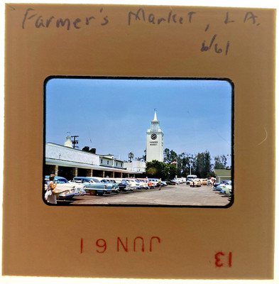 35mm Slide Kodachrome Farmers Market 1961 Old Cars Parking Lot Clock Tower