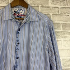 Robert Grahama Designer Light Blue Paisley Striped Flip Cuff Dress Shirt LARGE