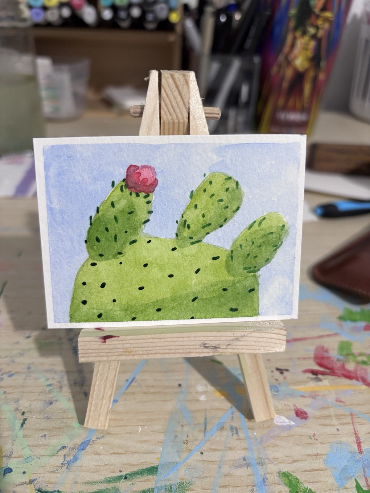 ACEO Original, Cactus with Flower, Watercolor Painting