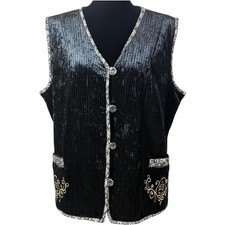 Vintage Black Crushed Velvet Quilted Vest Gold Embroidery Paisley Trim L