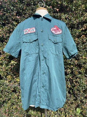 Deus Ex Machina Foreman Work Shirt Sz L Green Short Sleeve Patches Button Up