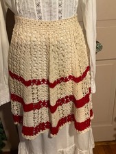 Vtg Cream/Red Hand Crocheted 1/2 Apron Summer Wedding Shower New Home Party Gift