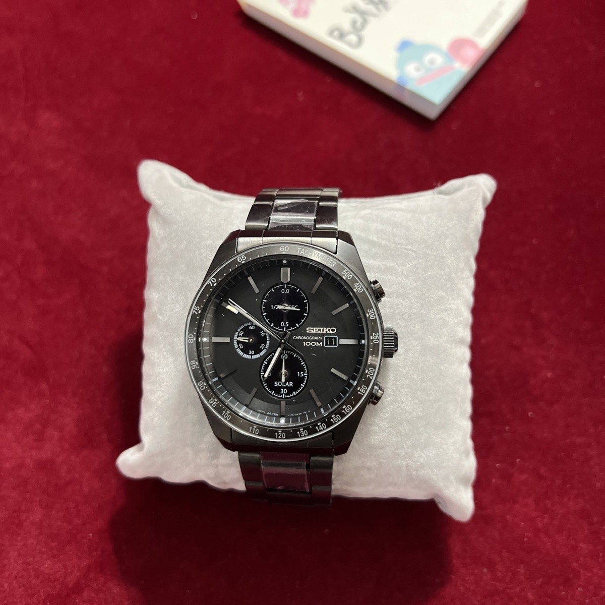 Seiko Solar Chronograph Watch w/ Date Black Dial Working V176-0AY0