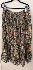Vintage Black Floral Broomstick Pleated Maxi Skirt, Size L Boho Festival Fairy