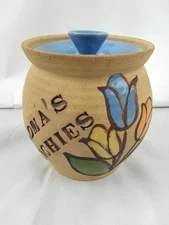 Vintage Primitive Grandma's Munchies Cookie Jar Brown Clay Floral Signed w/ Lid
