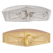 Women Elastic Corset Metallic Faux Leather Wide Waist Belt for Banquet Dresses