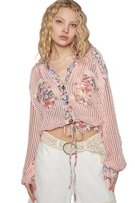 NWT Pol Vintage Washed Crochet Hoodie Jacket With Patchwork