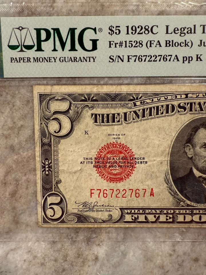 Radar Serial Number, 1928C $5 Legal Tender Fr#1528 Circulated Certified PMG VF25 - Image 2 of 4
