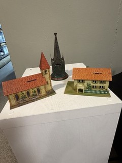 Lot Of 3 Antique Tin Building Banks With Rare Monument Church Nice