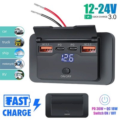 12V 24V Car Charging Socket Adapter QC3.0 Fast Charger Outlet For RV ATV Truck