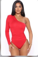 Fashion Nova Red Bodysuit L One Shoulder Long Sleeve Cut Out