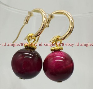 Authentic Genuine 14mm Rose Red Tigers Eye Gemstone Gold-Plated Leverback Dangle Earrings
