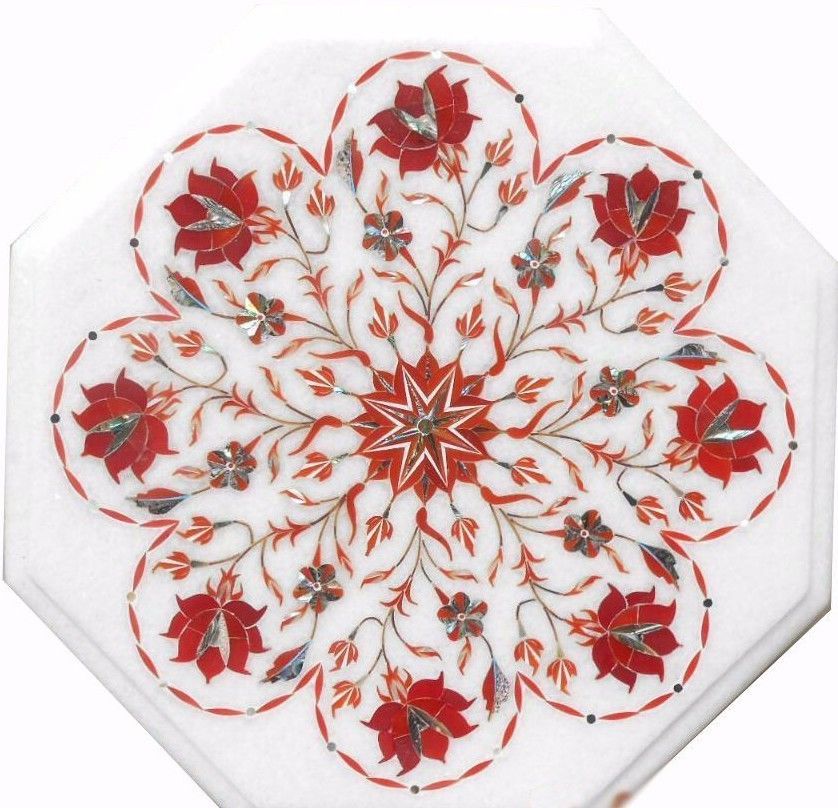 12 Inch White Marble Side Table with Floral Semi-Precious Stone Inlay Decor