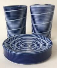 3 Pc Bathroom Set Cobalt Blue White Swirl Cup Soap Dish Toothbrush Holder AS IS