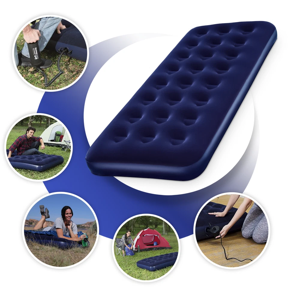 2x Single Flocked Camping Airbed Inflatable Mattress Blow Up Air Bed - Image 4 of 4