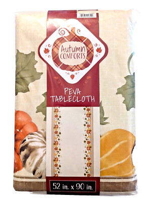 Autumn Comforts Vinyl Harvest Pumpkins Tablecloth 52 x 90-in Floral Dining NEW