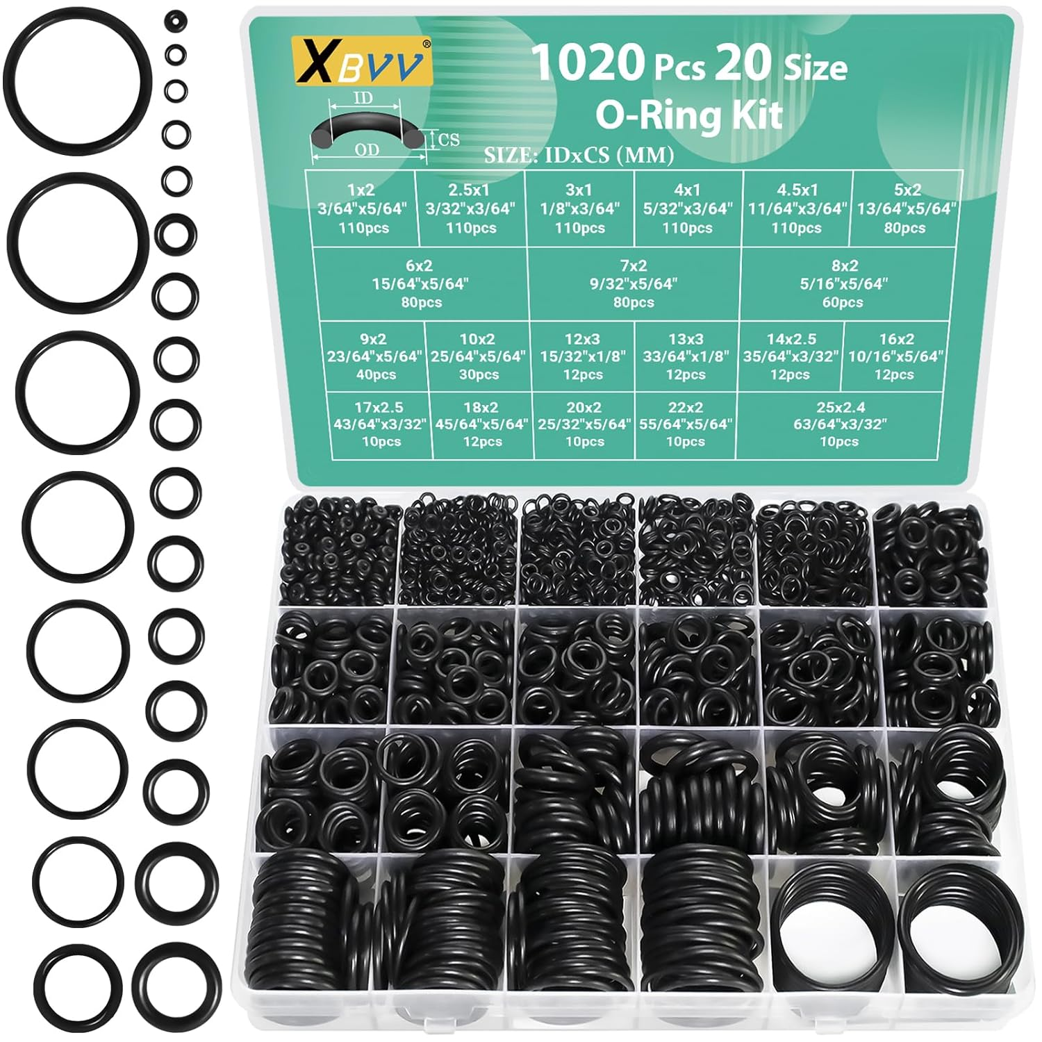 1020 Pcs O Ring Kit 20 Size Nitrile Rubber O Ring Assortment Set for Car Auto