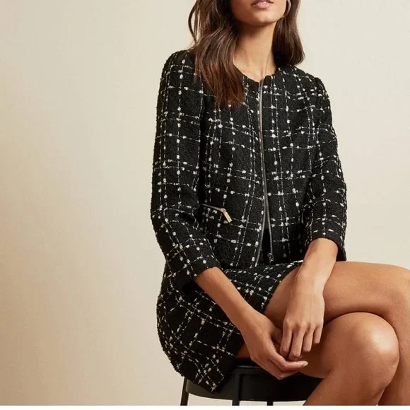 Blazer Ted Baker Chaqueta Boucle Recortada Cremallera Negro Blanco Dorado Talla 2 Diseñador $495 Foto 4 de 4