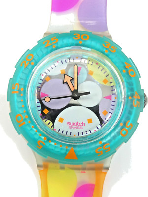 Eine seltene Swatch Scuba 200 Uhr von 1992 SEA GRAPES SDK105 voll funktionsfähig Box Papiere