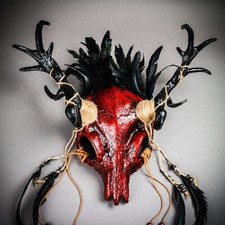 Antelope Feather Devil Deer Horn Skull Ghost Masquerade Party Mask Bloody Red