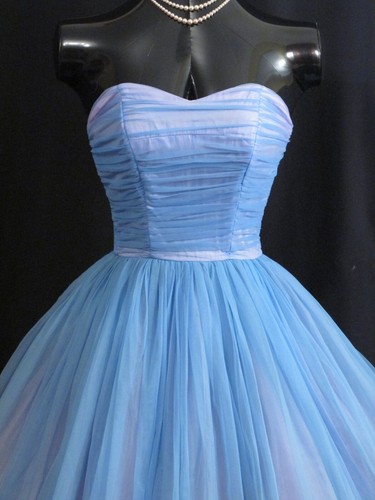 Vintage 1950's 50s Strapless Emma Domb Blue CHIFFON Organza Party Prom DRESS - Picture 5 of 9