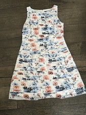 Ann Taylor Shift Dress 8 Fit/Flare White Blue Peach Floral Lined Sleeveless