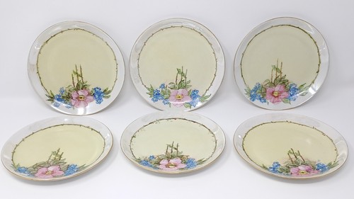 Hutschenreuther 6" Porcelain Plates set of 6 handpainted florals lustre rim Selb