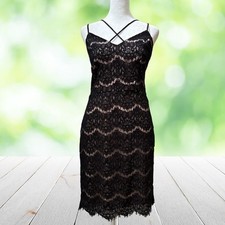 GB Dress Size L Black Lace Blush Lined Strappy Sheath Coquette Cocktail Hoco