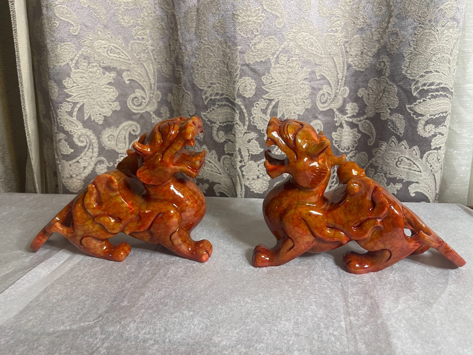 Pair of Chinese Red Pi Xiu Red Jade Carving Feng Shui Beast Luck Statues 8.25"L