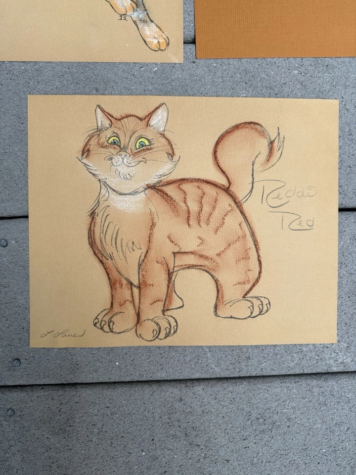 "Juego de 3 dibujos a tinta pastel con marco de gato siamés atigrado MCM de colección firmados 8""x 20""" Foto 2 de 4