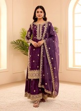 Latest Beautiful Natural Crap Silk Purple Palazzo Suit With Dupatta For Wedding