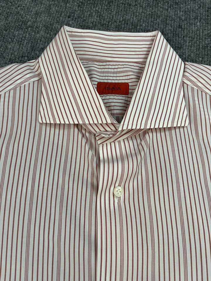 Camisa Isaia Para Hombre XL 43 17 Blanco Rojo Rayas Manga Larga Con Botones Hecha en Italia Foto 2 de 4