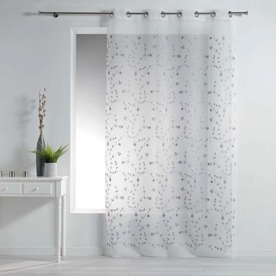 Rideau Voilage à Œillets "Petite Fleur" 140x240cm Blanc & Gris - Photo 1/2