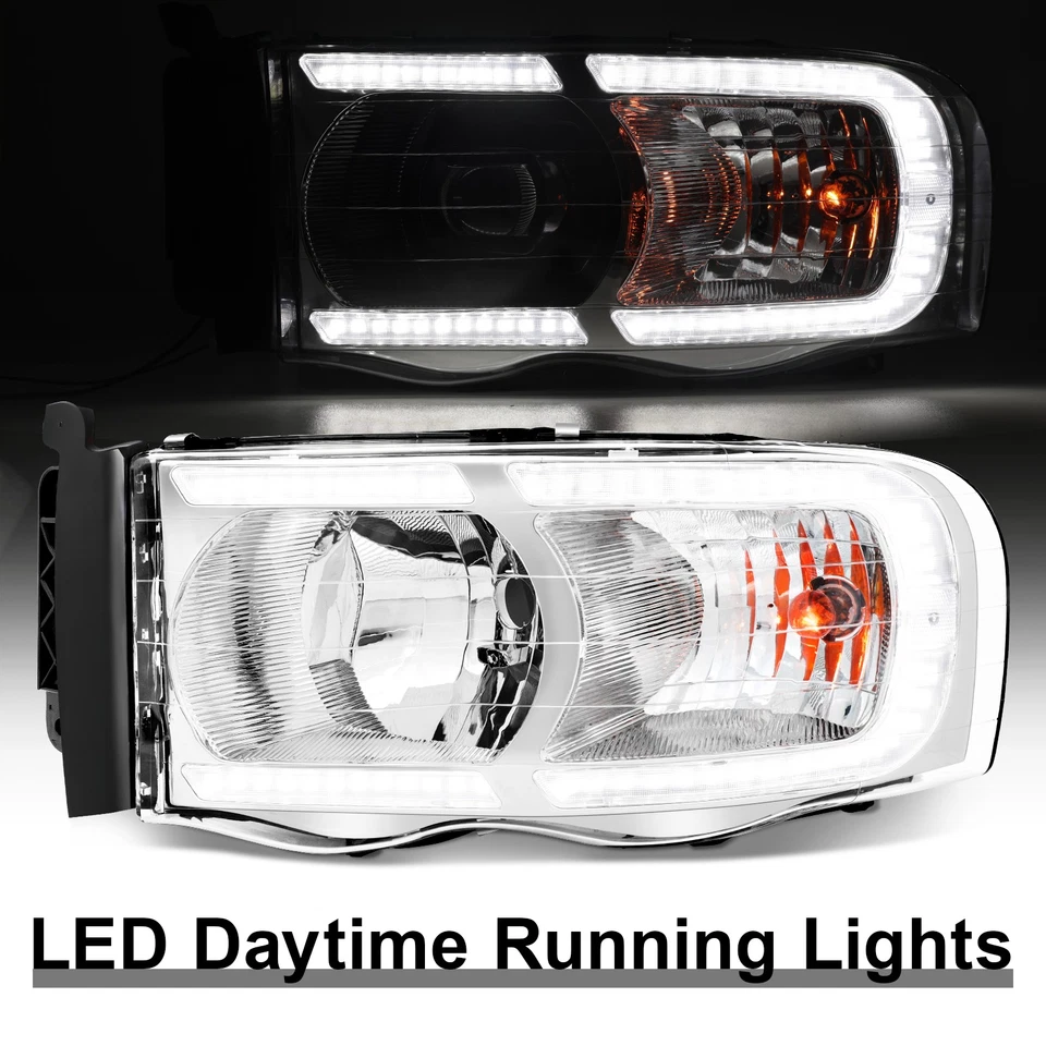 LED DRL Headlights For 2002-2005 Dodge Ram 1500 2500 3500 Chrome Headlamps LH+RH - Image 4 of 4