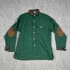 VTG Woolrich Shirt Large USA Made Green Leather Collar Elbow Patches Wool Blend