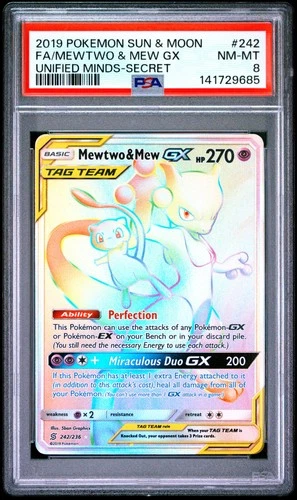 2019 POKEMON SUN & MOON UNIFIED MINDS SECRET #242 FULL ART/MEWTWO & MEW GX PSA 8