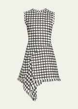 Oscar De La Renta Tweed Wool-Blend Check Dress Black White Flare Fryed NWT 10