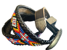 Vintage Western Beaded Leather Belt Tribal Native American Southwestern Black 28